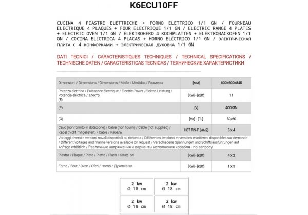 ATA 600 - 4 zónás elektromos tűzhely, GN1/1 elektromos sütővel 11.0kW