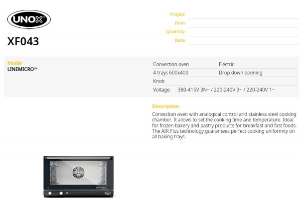 UNOX XF013 LineMicro™ Lisa - látványsütő, 3db 460*330 mm tálchely, manuális  vezérlés