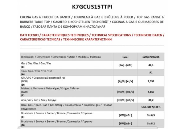 ATA700 - 6 égős gázüzemű asztali főzőlap, 44.1kW, Solution Line