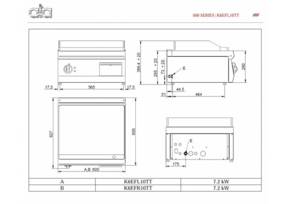 ATA600 -2 zónás elektromos asztali lapsütő, 1/2 Sima, 1/2 Bordázott sütőfelület, 7.2kW