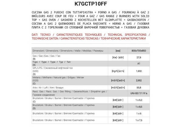 ATA700 - 2 égős gáztűzhely, +1 zártlángú felület, GN2/1 gázsütővel, 28.2kW, Performance Line