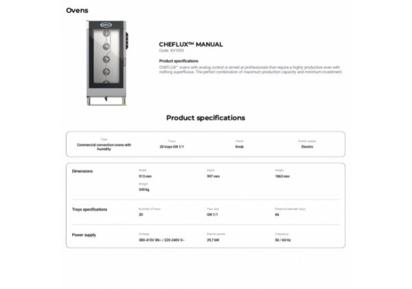 UNOX ChefLux XV 1093 - elektromos 20*GN1/1; manuális vezérlésű kombi sütő-pároló