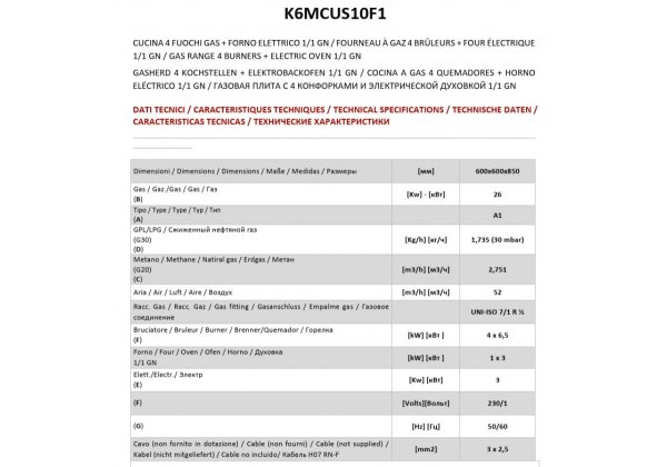 ATA 600  - 4 égős, gázüzemű tűzhely, GN1/1 elektromos sütővel