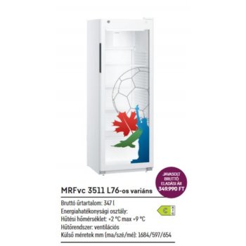 Liebherr MRFvc 3511-L76  - üvegajtós, fehér színű FOCI VB Dekor hűtőszekrény, ventilációs hűtés, 347lt