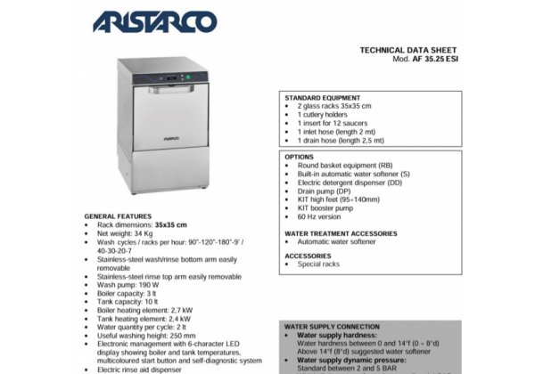 ARISTARCO AF 38.25 ESI - 2025 modell; pohármosogató gép, 38*38 cm kosár, digitális vezérlés