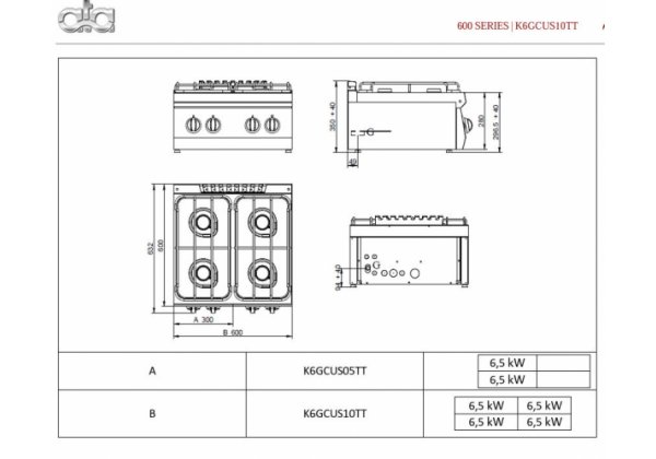 ATA 600  - 4 égős, gázüzemű asztali főzőlap 26.0kW