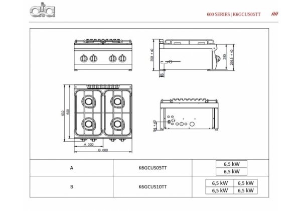 ATA 600 - 2 égős, gázüzemű asztali főzőlap 13.0kW