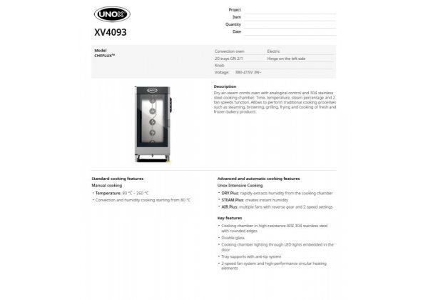 UNOX ChefLux XV 4093 - elektromos 20*GN2/1; manuális vezérlésű kombi sütő-pároló