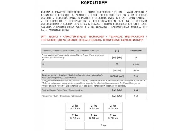 ATA 600 - 6 zónás elektromos tűzhely, GN1/1 elektromos sütővel 11.0kW