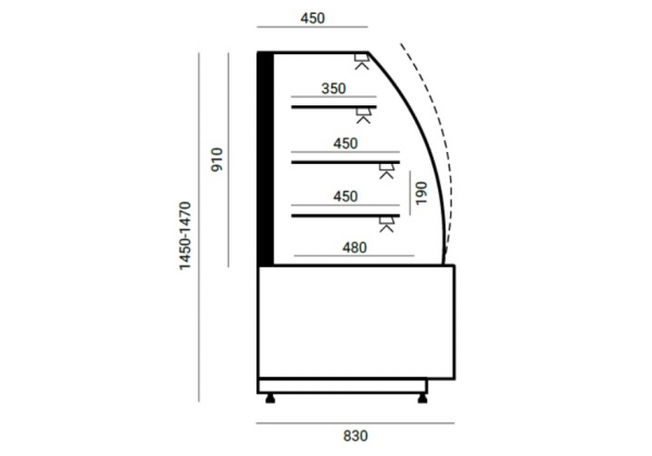 ESTERA R 1340 - süteményes pultok, HAJLÍTOTT front  üveggel, ventilációs hűtéssel