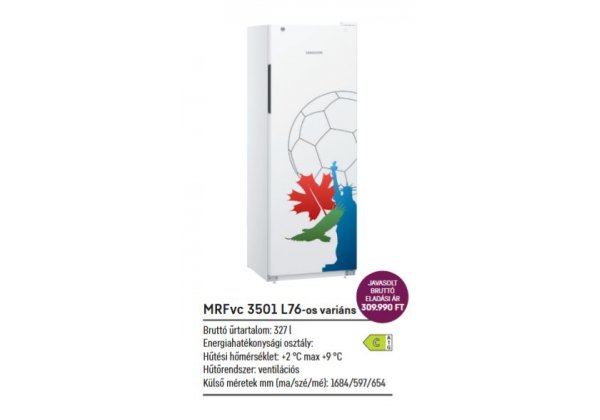 Liebherr MRFvc 3501-L76 - teli ajtós, fehér színű, FOCI VB Dekor ventilációs hűtőszekrény, 327 lt.