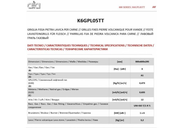 ATA 600 - 1 zónás, gázüzemű asztali Lávaköves Grill bordázott sütőfelület, 6.0kW